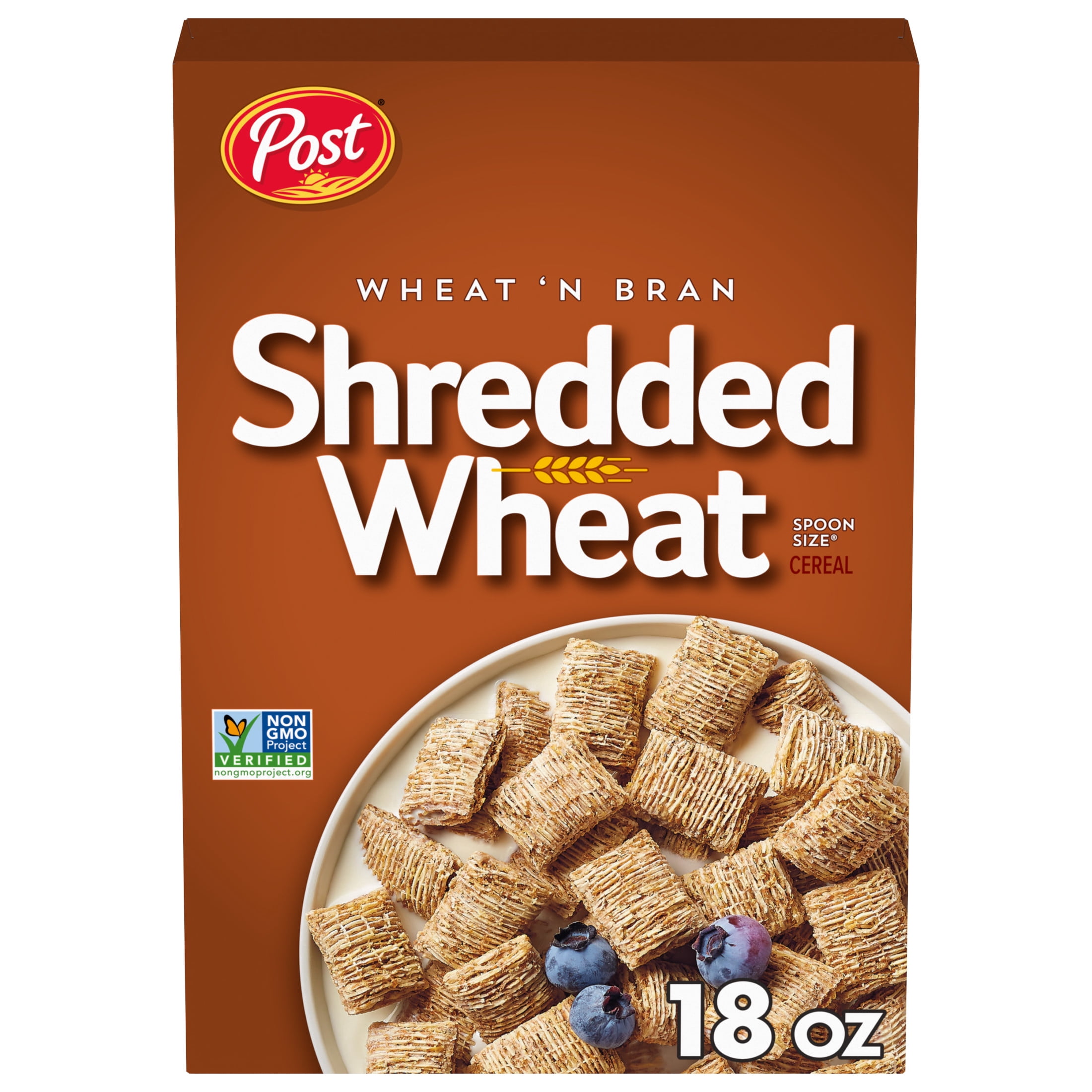 (8 pack) Post Wheat n Bran Shredded Wheat, High Fiber Breakfast Cereal, Certified Kosher, Crunchy 18 oz Box