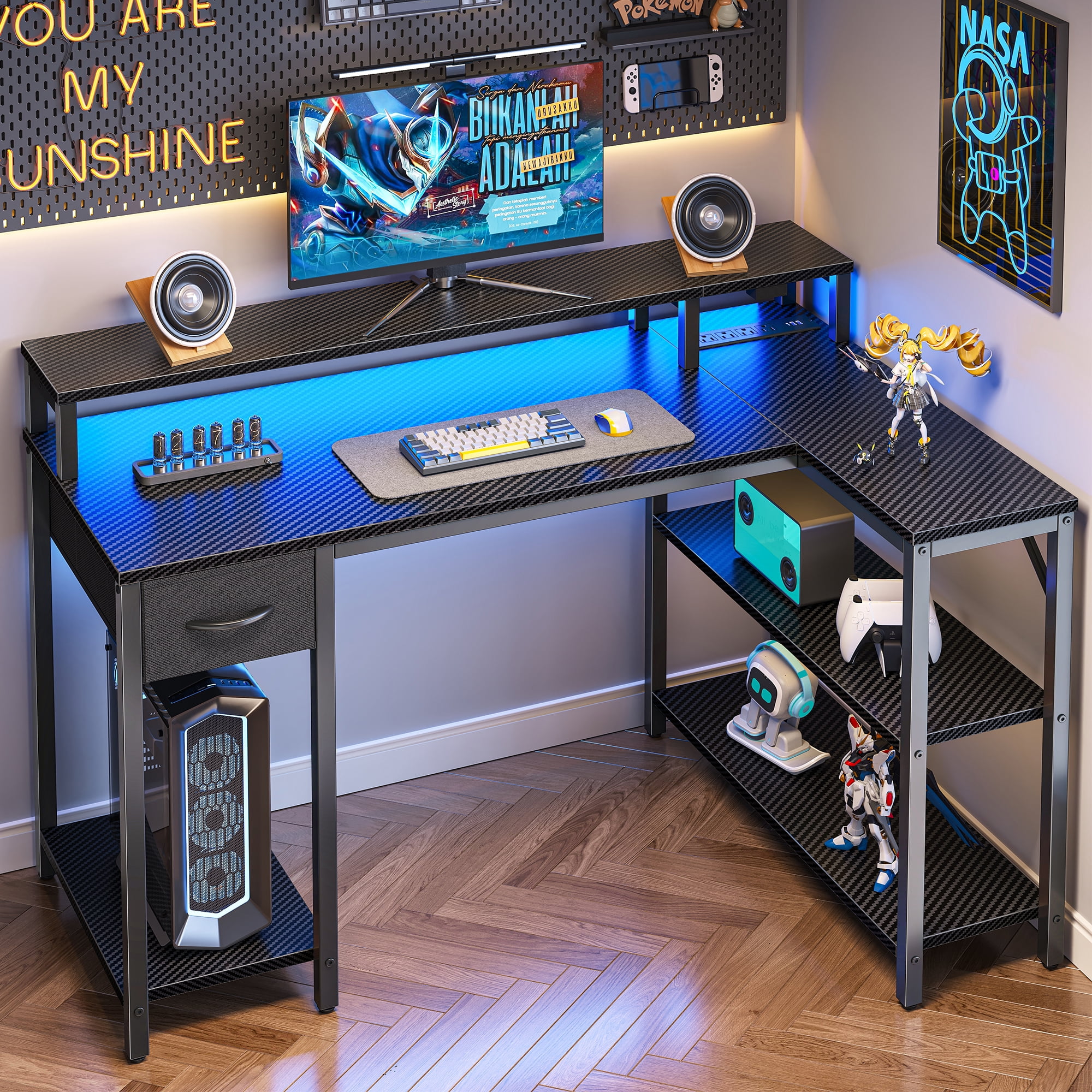 Amadwell 47 Inch L Shaped Desk with LED Strip, Corner Gaming Desk with Power Outlet, Drawer & Shelves