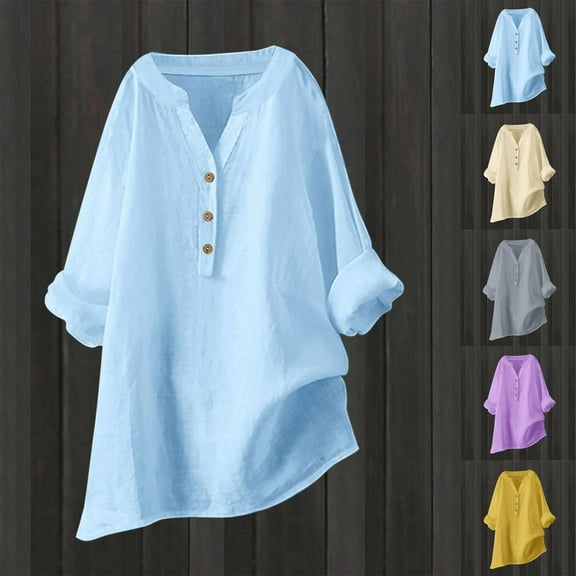 Olyvenn Womens Cotton Linen Shirts Solid 3/4 Sleeve Tunic Tops Oversized Tshirts Casual V Neck Dressy Blouses Purple L