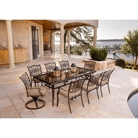 Hanover Traditions 9-Piece Dining Set in Tan with Extra Large Glass-Top Dining Table