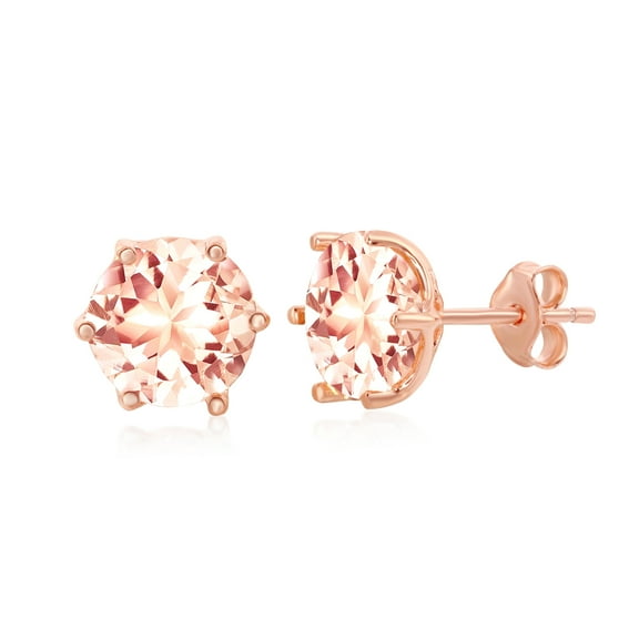Sterling Silver Rose Gold Plated Six- Prong 8mm Round Morganite CZ Stud Earrings