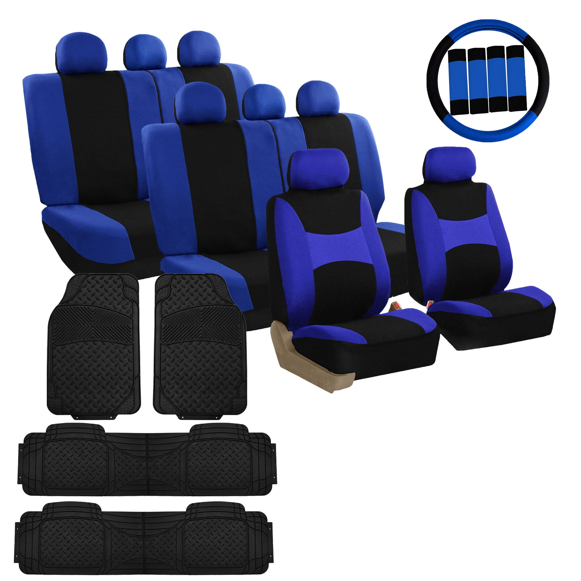 FH Group, 3 Row 8 Seater Blue Seat Covers Set w/ Steering / Belt Cover / Black Floor Mats