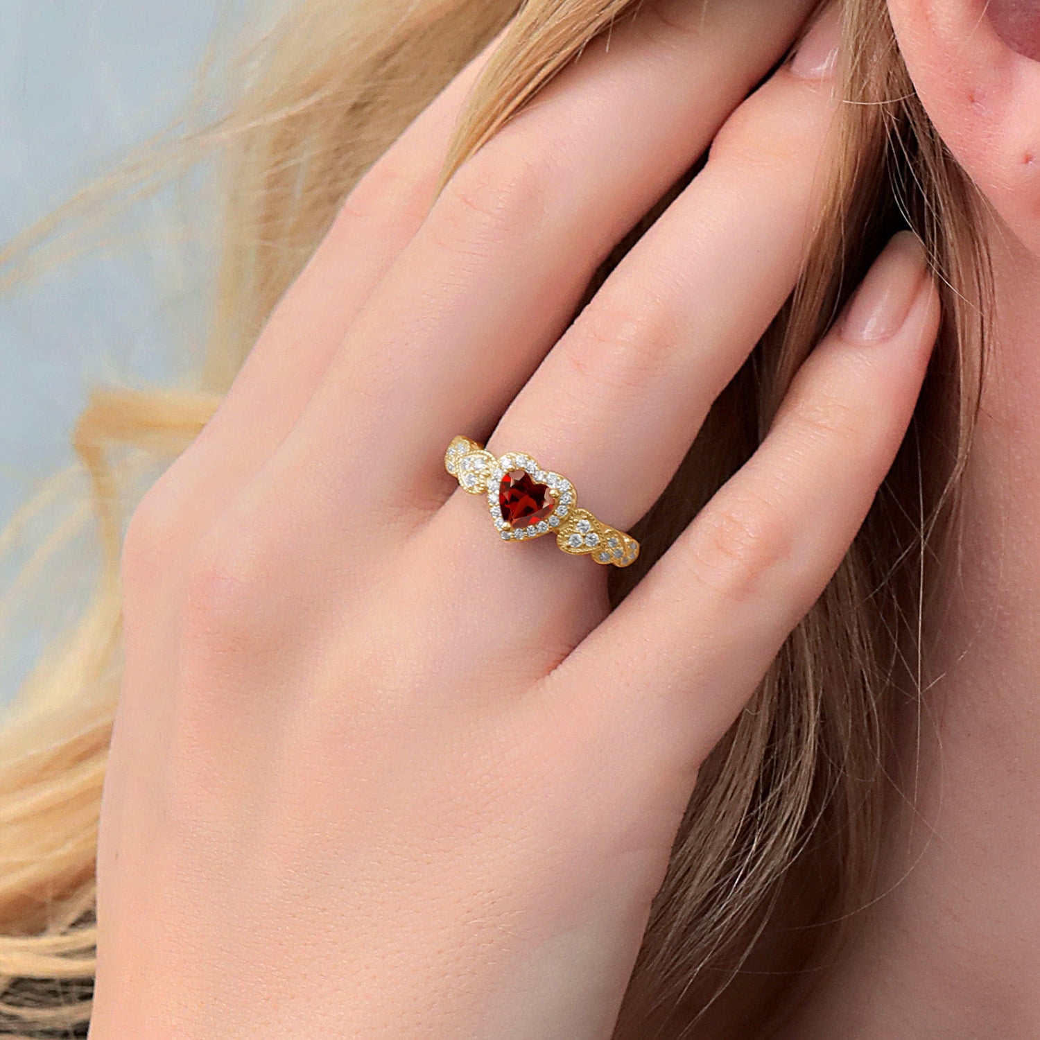 Gem Stone King 18K Yellow Gold Plated Silver Red Garnet Ring for Women (1.43 Cttw, Heart Shape 6MM, Gemstone Birthstone, Available in Size 5, 6, 7, 8, 9)