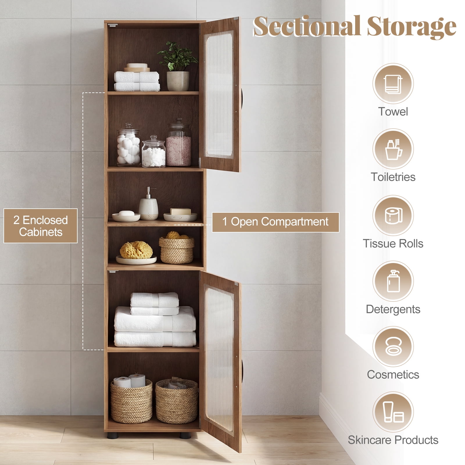 Giantex Tall Bathroom Storage Cabinet, Freestanding Storage Organizer w/Adjustable Shelf for Small Spaces, Natural