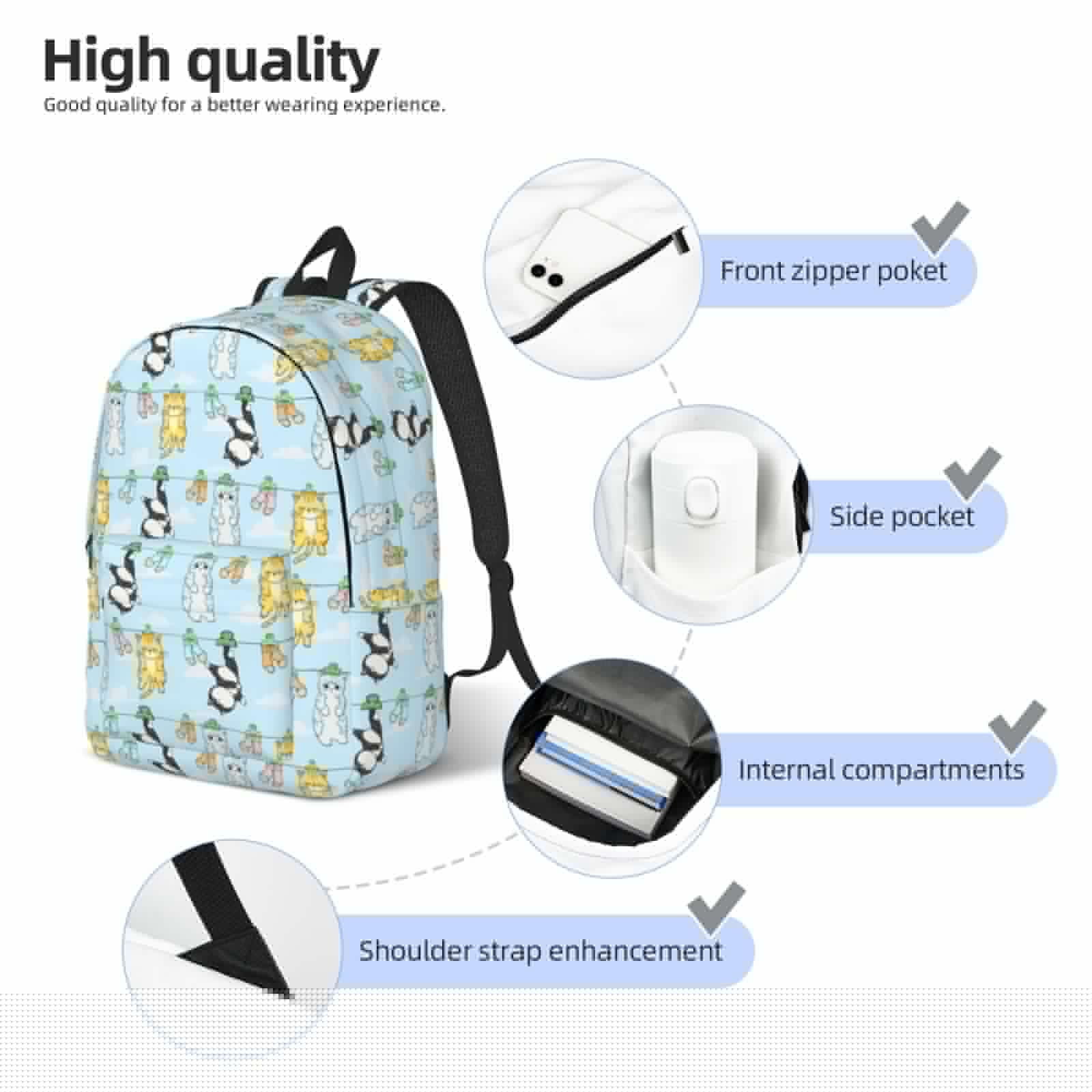 thumbnail image 3 of Disketp Cartoon Cat print Canvas Backpack Lightweight Travel Daypack Student Rucksack Laptop Backpack-Medium, 3 of 5