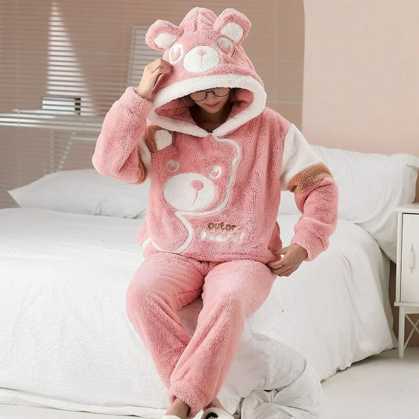 Conjunto de pijama con capucha para hombre y mujer, ropa de dormir gruesa con dibujos de dinosaurios, estilo coreano, holgada, para parejas, para invierno