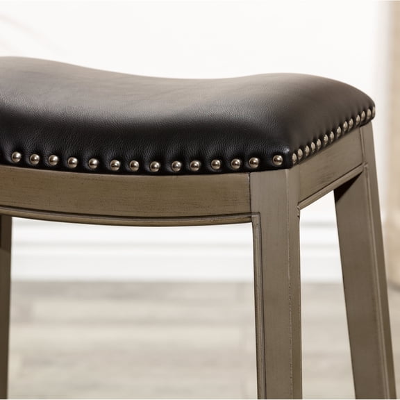 Newboti Furniture 24" Counter Height Saddle Stool, Weathered Gray Finish, Black Leather Seat 17619