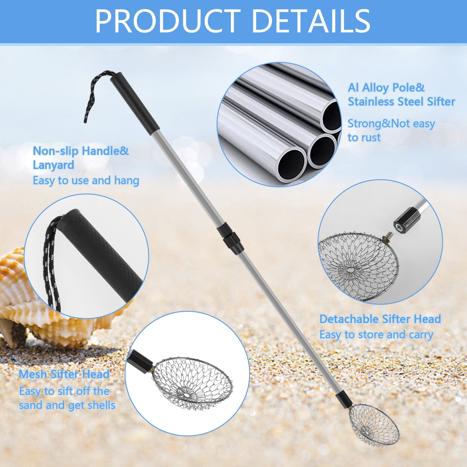 Protoiya 2Pcs Sand Sifters 21.3 to 32.6inch Adjustable Telescoping Beach Shovel Seashell Hunting Rocks Sifting Tool Portable Detachable Shark Teeth Sifter Beach Scoop for Beach Travel