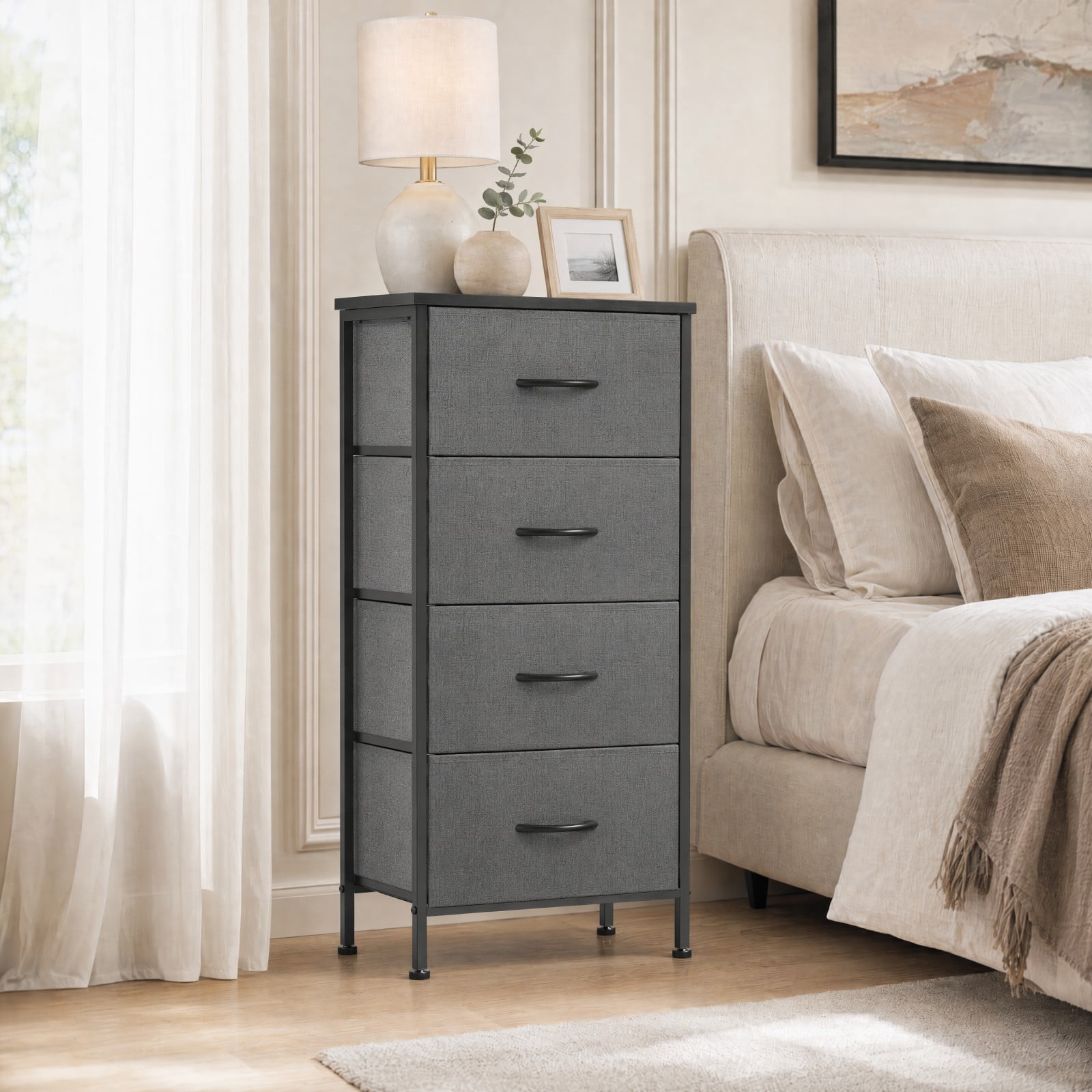 Telyra 4-Drawer Fabric Dresser 37.4" Tall Storage Tower with Wood Top and Steel Frame Narrow Organizer, Gray