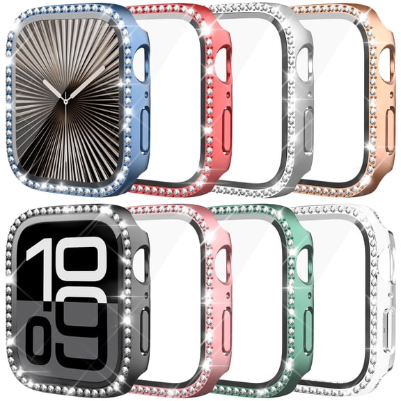Tiorecime 8 Pack Bling Case for Apple Watch Series 11/10 46mm with Tempered Glass Screen Protector, Premium Glitter Diamond Bling Hard PC Protective Glossy Bumper Cover for Women Girl