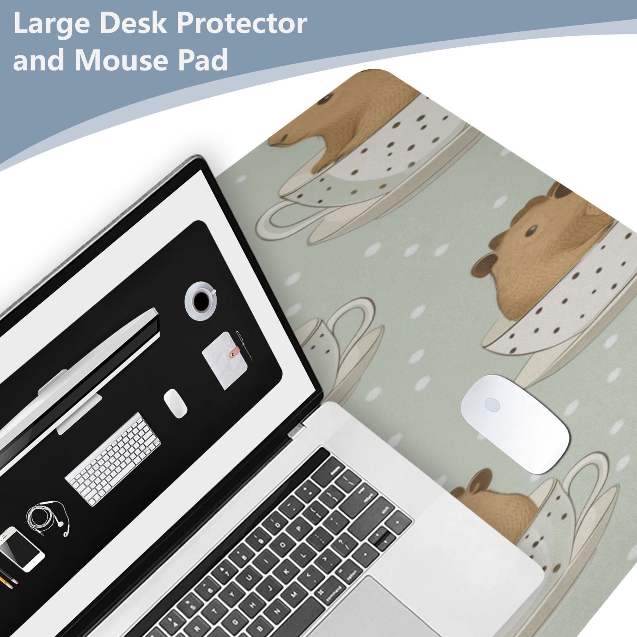 Leather Keyboard and Mouse Desk Mat Office Desk Accessories Protective Office Desk Decor Desk Pad Mat for Gaming, Work from Home, Office Cute Capybara in Coffee Cups 16.5" x 35.4"