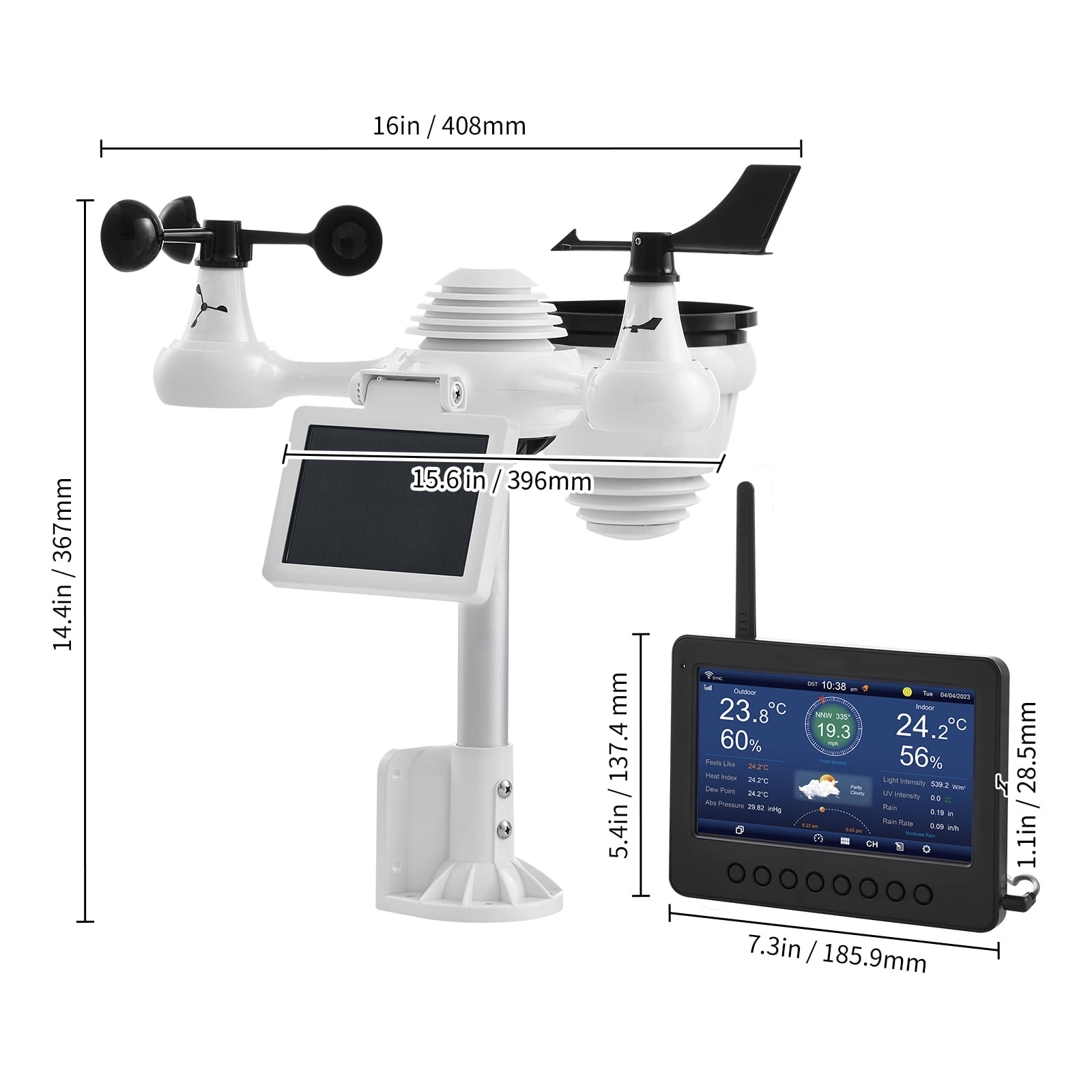 KFFKFF 7 in 1 WiFi Weather Station with Solar Panel, 7 in Color Display for Indoor/Outdoor, TFT Weather Station for Temperature, Humidity, Wind, Rainfall and Forecast