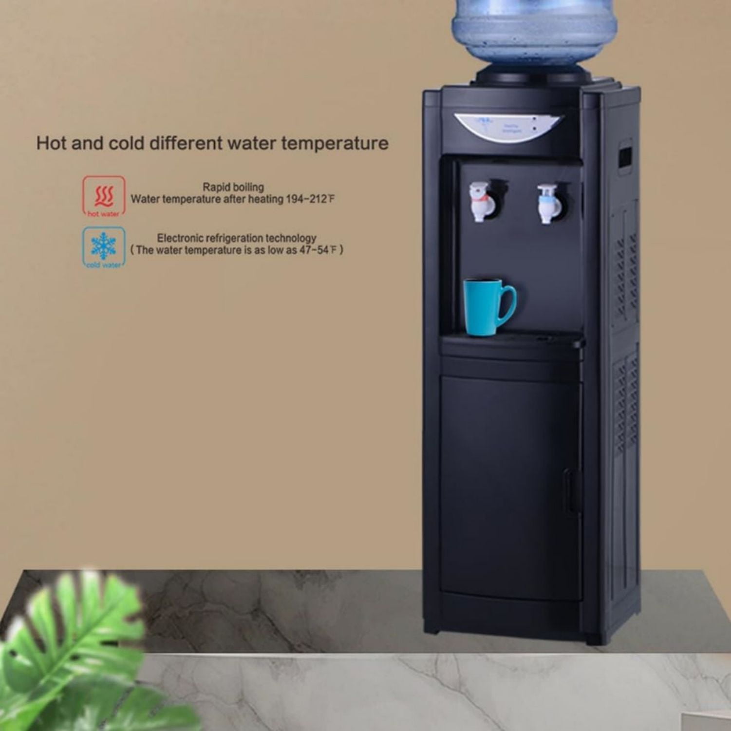 Water Cooler Dispenser, Hot&Cool Top Loading Water Dispenser 5 Gallons Water Coolers with Child Safety Lock Removable Drip Tray & Storage Cabinet(Black)