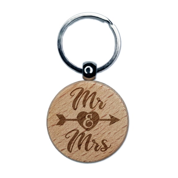 Mr and Mrs Heart and Arrow Wedding Round Keychain Charm Tag - Engraved Wood