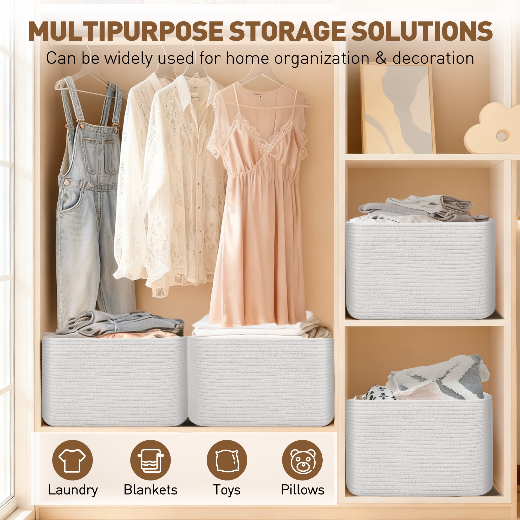 XUEYU 3 Pack Woven Baskets , 11”x11”x9” Cotton Rope Baskets, 18L Blanket Baskets for Storage, Cube Bin Square Shelves Organizer, Toy Basket or Storage Bins for Living Room, Baby Nursery(White)