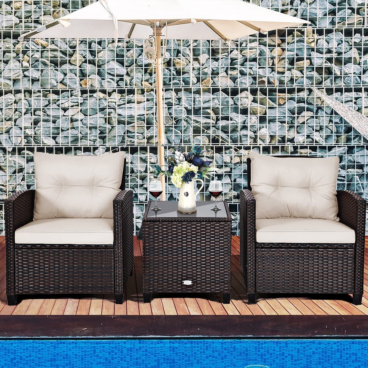 3 Pieces Patio Furniture Set, PE Rattan Wicker 3 Pcs Outdoor Sofa Set w/Washable Cushion and Tempered Glass Tabletop, Conversation Furniture for Garden Poolside Balcony (White)