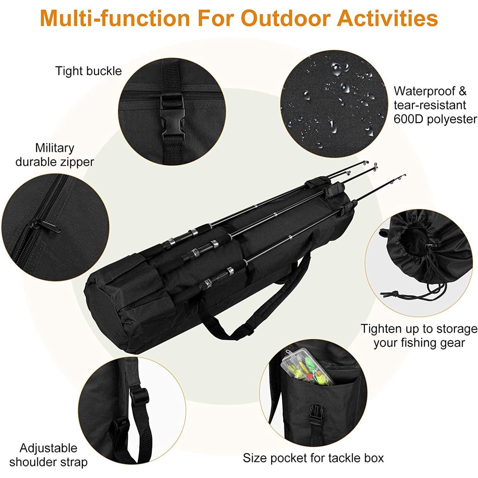 Travel Fishing Rod and Reel Combo with Case Carrier Organizer Bag Holds 5 Poles, Large Tackle Box Organizer Storage for Gear, Chair, Multifunctional Stand