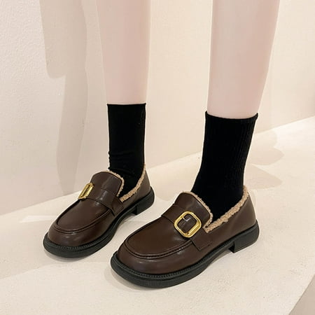 

Fall Winter New Style Metal Buckle Plus Cotton Small Leather Shoes Square Heel Low Heeled Shoes