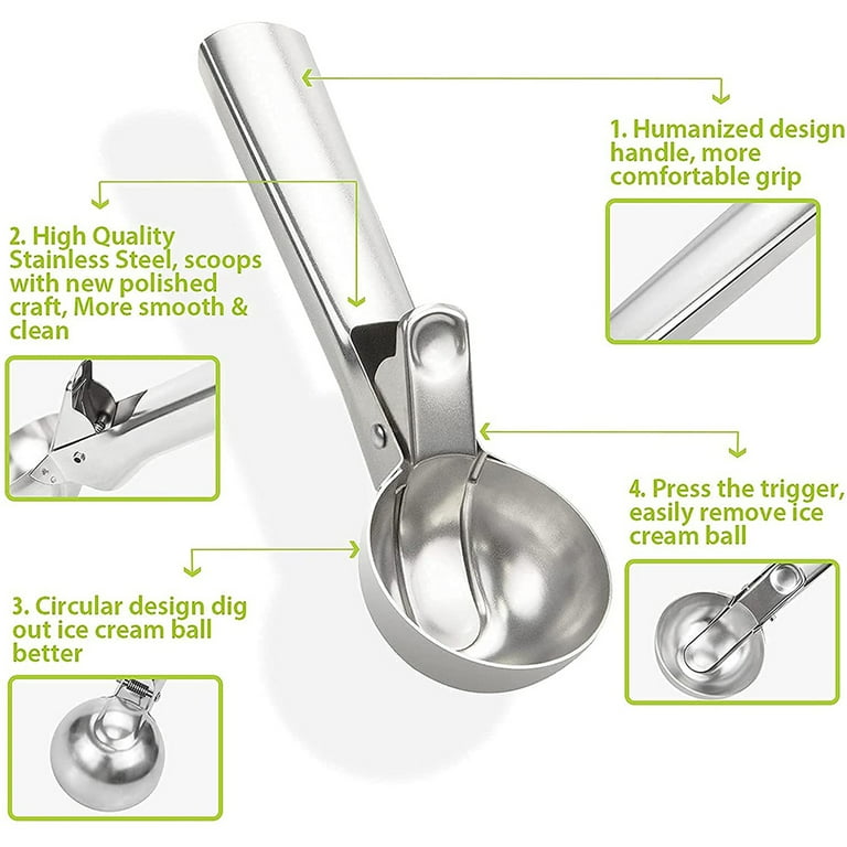 Ice Cream Scoop, Stainless Stee Ice Scoop, Ice Scooper For Dessert, Fruits,  Cookie, Ice Creem, Ice Cream Scoop with Trigger, Easy to Operate & Clean,  Dishwasher Safe, 7.71 x 1.93, Q3731 