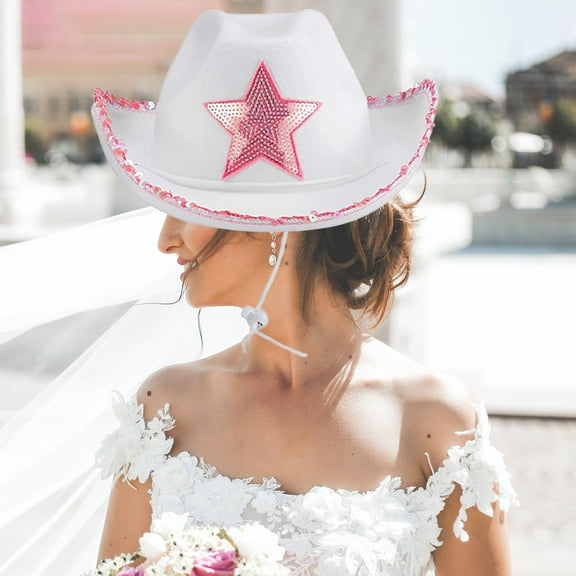 Segolike West Cowboy Hat with Tiara Sequin Star Sun Hats White Felt Wide Brim Novelty Hat , Women Ladies, Dress up ,Fancy Dress