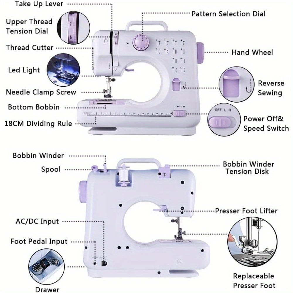 Portable Mini Electric Sewing Machine – 12 Built-in Stitches, 2-Speed Control, Foot Pedal Operation, Built-in Light, Storage Drawer & Complete Sewing Kit – Perfect for Beginners & Home Use
