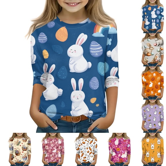 LTTVQM Easter Tops for Girls 2026 3/4 Sleeve Happy Rabbit Eggs Graphic T Shirts Loose Fit Crewneck Blouse Fashion Outfits Blue 5-6 Years
