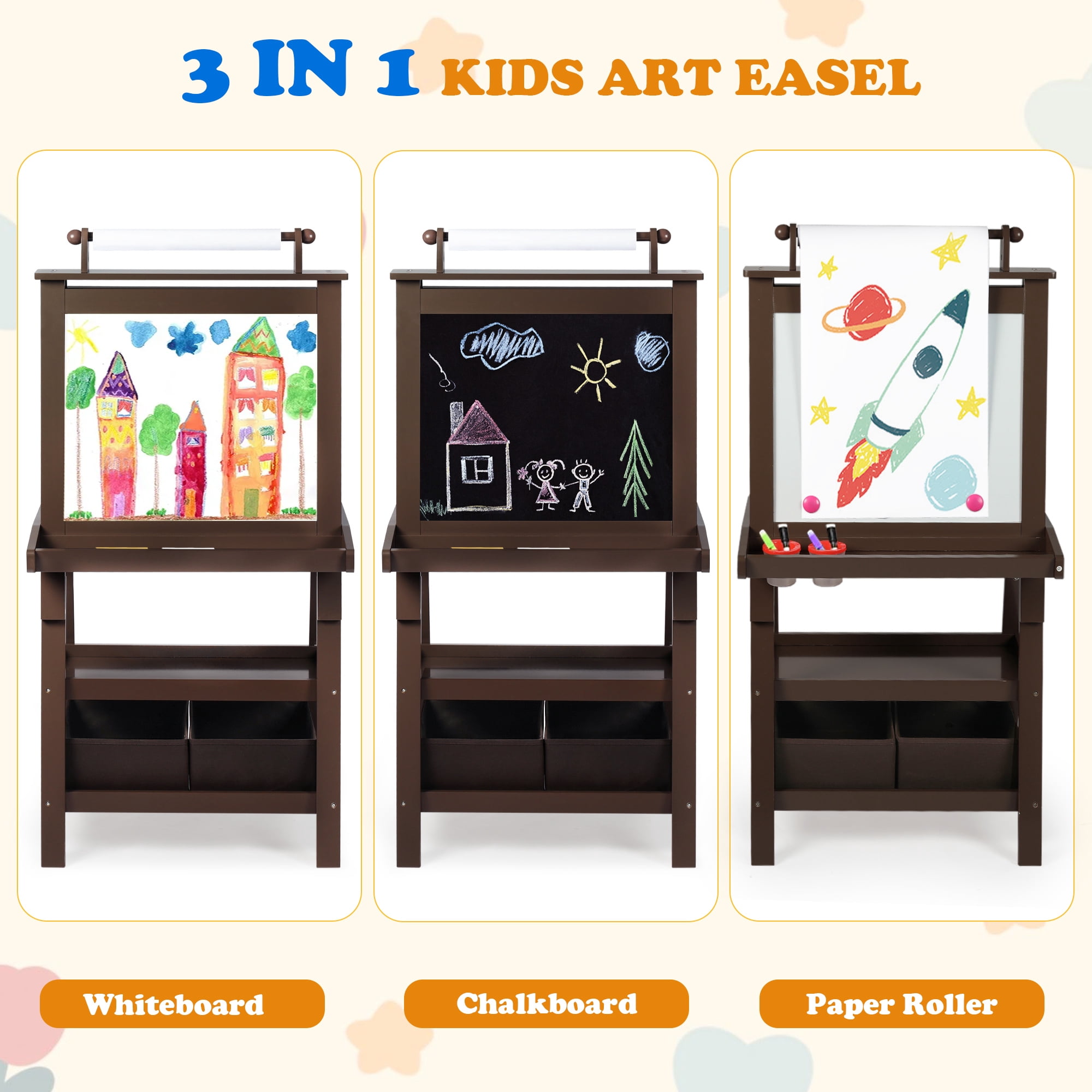 AILEEKISS 3 in 1 Kids Art Easel Double-Sided Magnetic Whiteboard Chalkboard with Paper Roller, Coffee