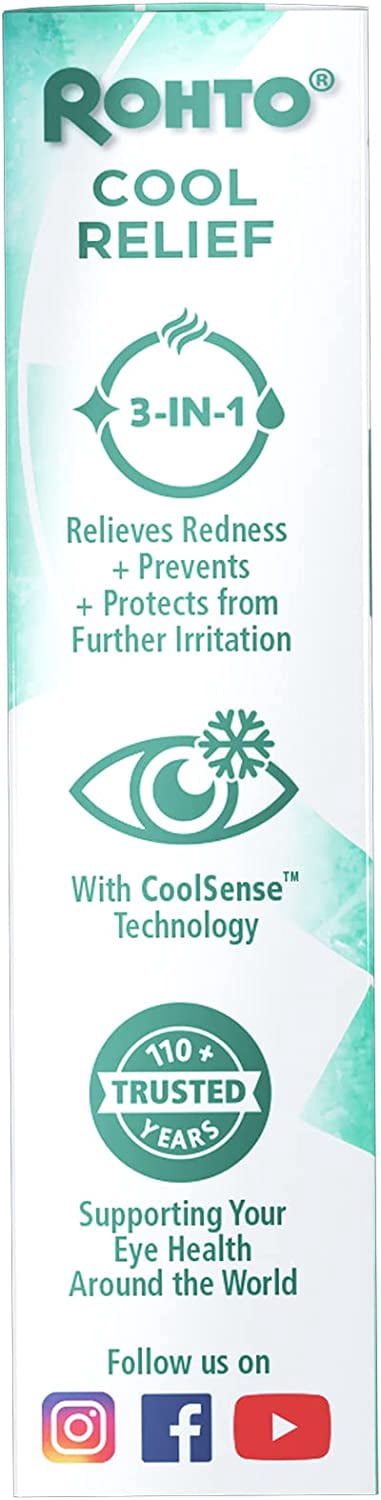 Rohto Cool Relief Cooling Eye Drops, Redness Reliever & Lubricant, Fast Acting, 0.4 fl oz (Pack Of 3)