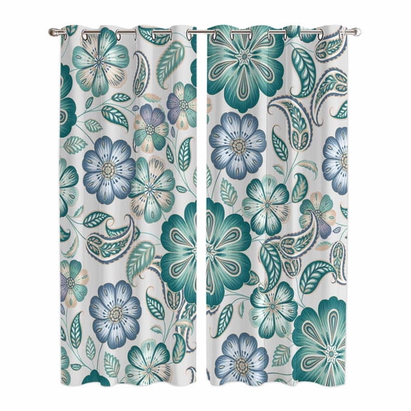 Kitchen Curtains 84 Inch Length 2 Panels, Teal Paisley Pattern Grommets Window Treatment Curtain, Boho Ethnic Floral Traditional Thermal Curtains Drapes for Living Room/Bathroom