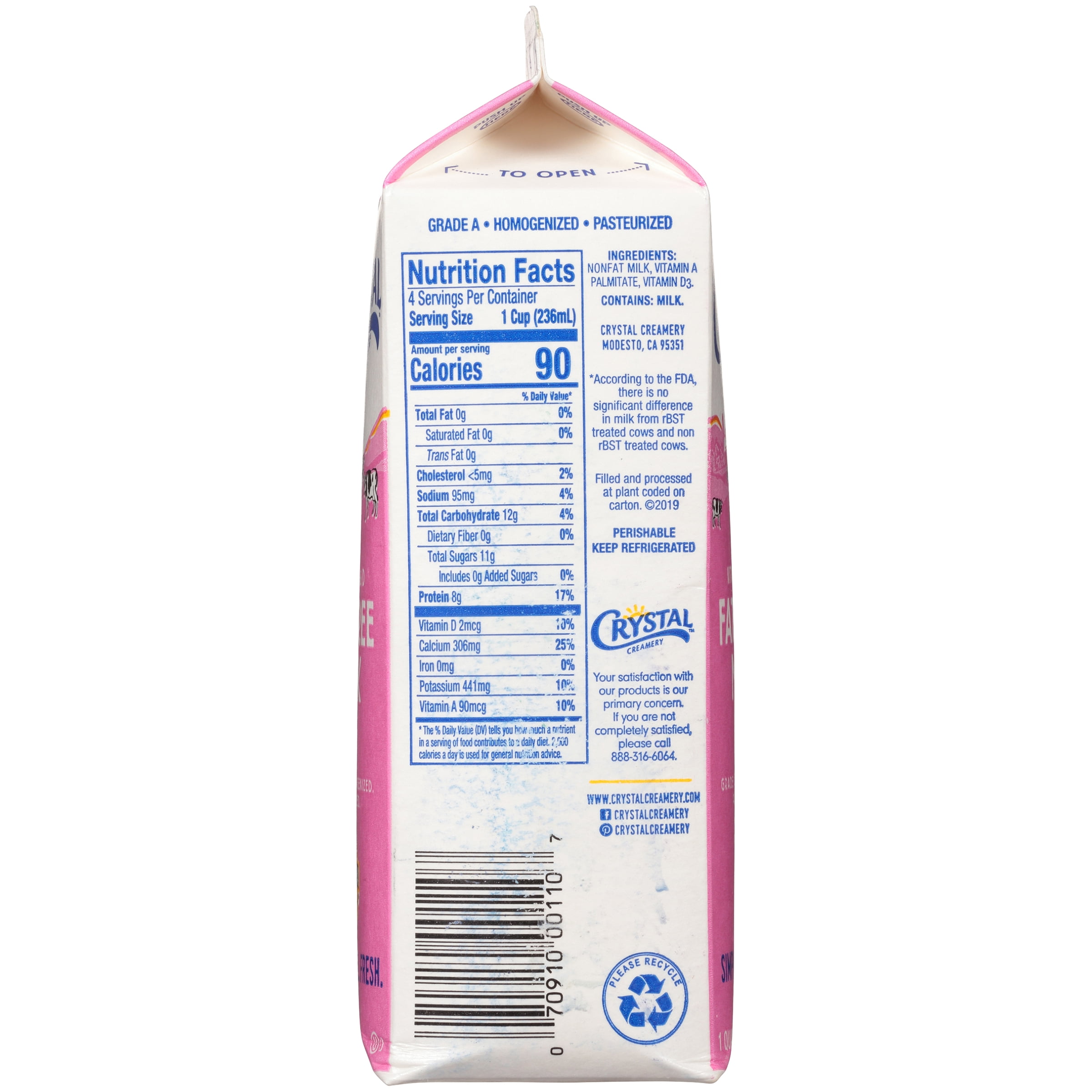 Crystal Creamery Fat Free Milk 1 Qt Naturally Sourced