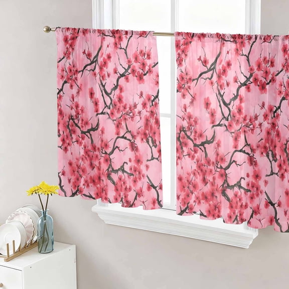 Chinese Flowers Sheer Curtains 45 Inch Length 2 Panels Set Window Treatments, Spring Pink Peach Blossoms Floral Rod Pocket Semi Curtains for Living Room/Bedroom/Kitchen Décor, 104"W x 45"L