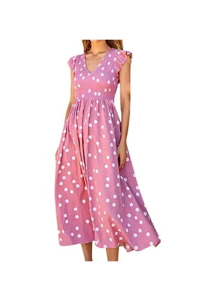 Capreze Long Sleeve A Line Dresses V Neck Midi Dress for Women Loose Solid  Color Holiday Swiss Dots 
