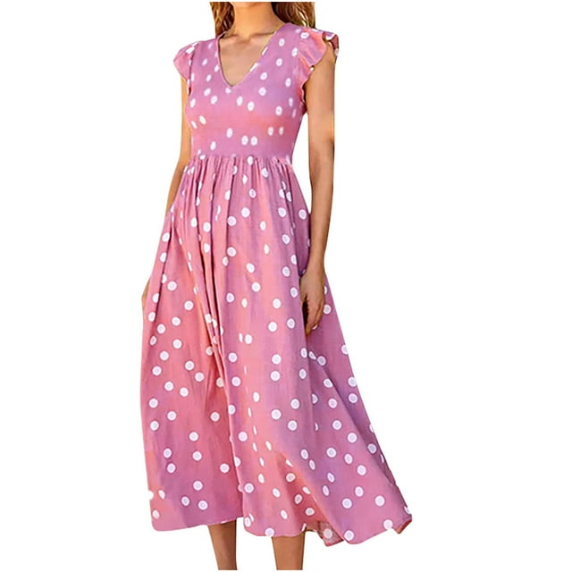 SMihono Robe Maxi Bohème d'Été pour Femmes Grande Taille Mode Femmes Décontractée à Pois Col en V Sans Manches Ceinture Longue Robe de Plage