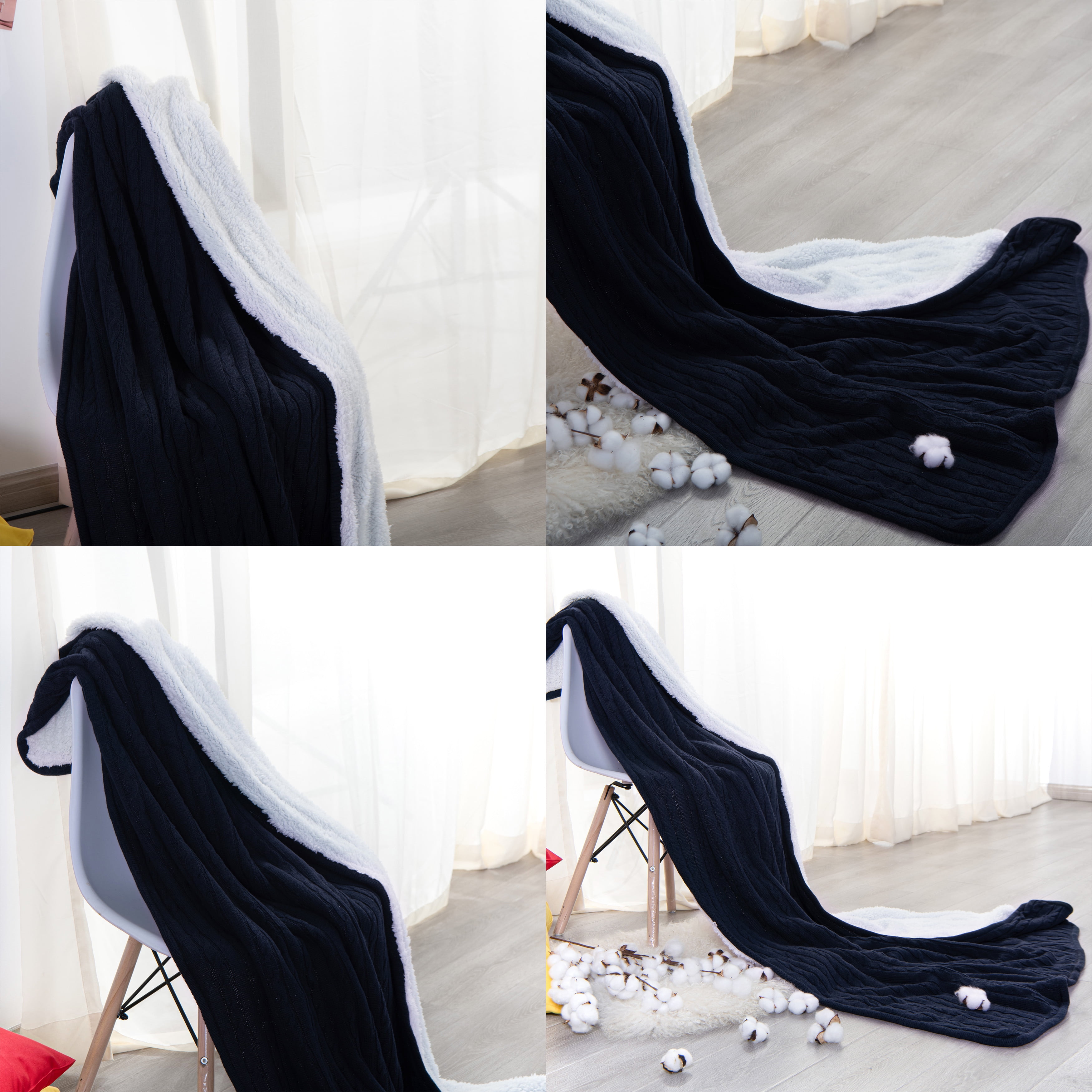 Ntbay Cotton Cable Knit Sherpa Twin Blanket for Couch, Soft Warm Fleece Knitted Throw for Bed, Sofa, Chair - Extra Cozy, Machine Washable, Comfortable Home Decor, 60"x80", Navy Blue