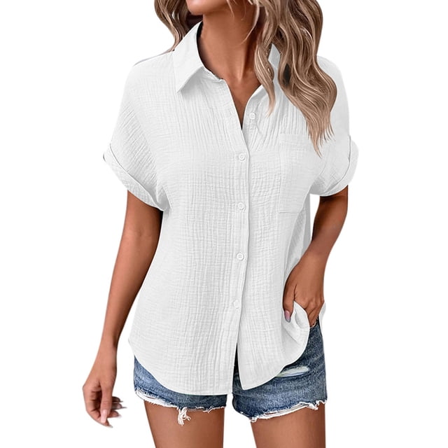 Camisa con botones y mangas murciélago para mujer - Top informal de color liso - Poliéster - Elegante e informal - Tallas S-XXL