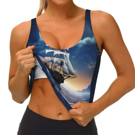 Qokaie Moonlit Night Sea Sailboat Pattern Womens Scoop Neck Sports Bra Breathable Workout Vest Padded U Back Medium Impact Fitness Gym Yoga Bra Workout Crop Top