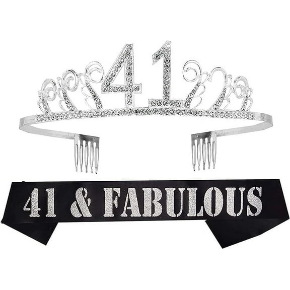 MEANT2TOBE 41st Birthday Sash and Tiara for Women - Fabulous Glitter Sash   Waves Rhinestone Silver Premium Metal Tiara for Her, 41st Birthday Gifts for 41 Party