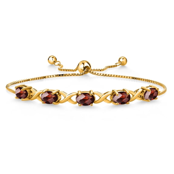 Gem Stone King 18K Yellow Gold Plated Silver Red Garnet Bracelet for Women (5.00 Cttw, Gemstone January Birthstone, Oval Checkerboard 7X5MM, Fully Adjustable up to 9 inches)