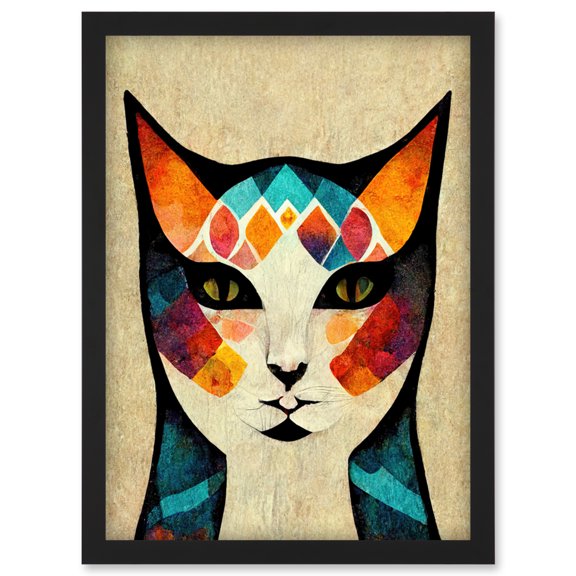 Abstract Cat Modern Nouveau Boho Illustration Artwork Framed Wall Art Print A4