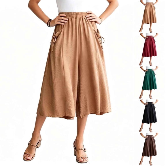 Aboser Women's Wide Leg Capri Pants Summer Casual Lounge Culottes Plus Size Flowy Capris Elastic High Waisted Cropped Trousers Loose Fits Travel Vacation Pants with Pockets