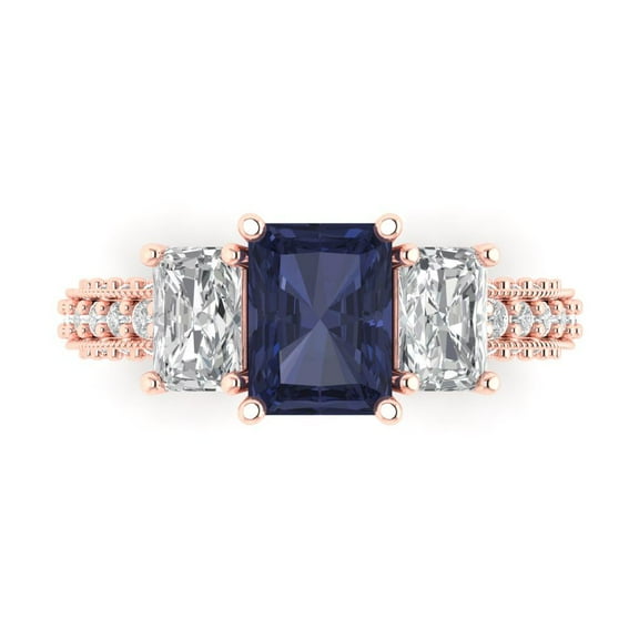 Three-Stone Engagement Ring for Women - 3.61ct Simulated Blue Sapphire in 18K Rose Gold Promise Ring