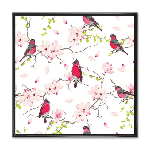 Designart 'Red Bullfinches Sitting On Magnolia Tree' Traditional Framed Canvas Wall Art Print