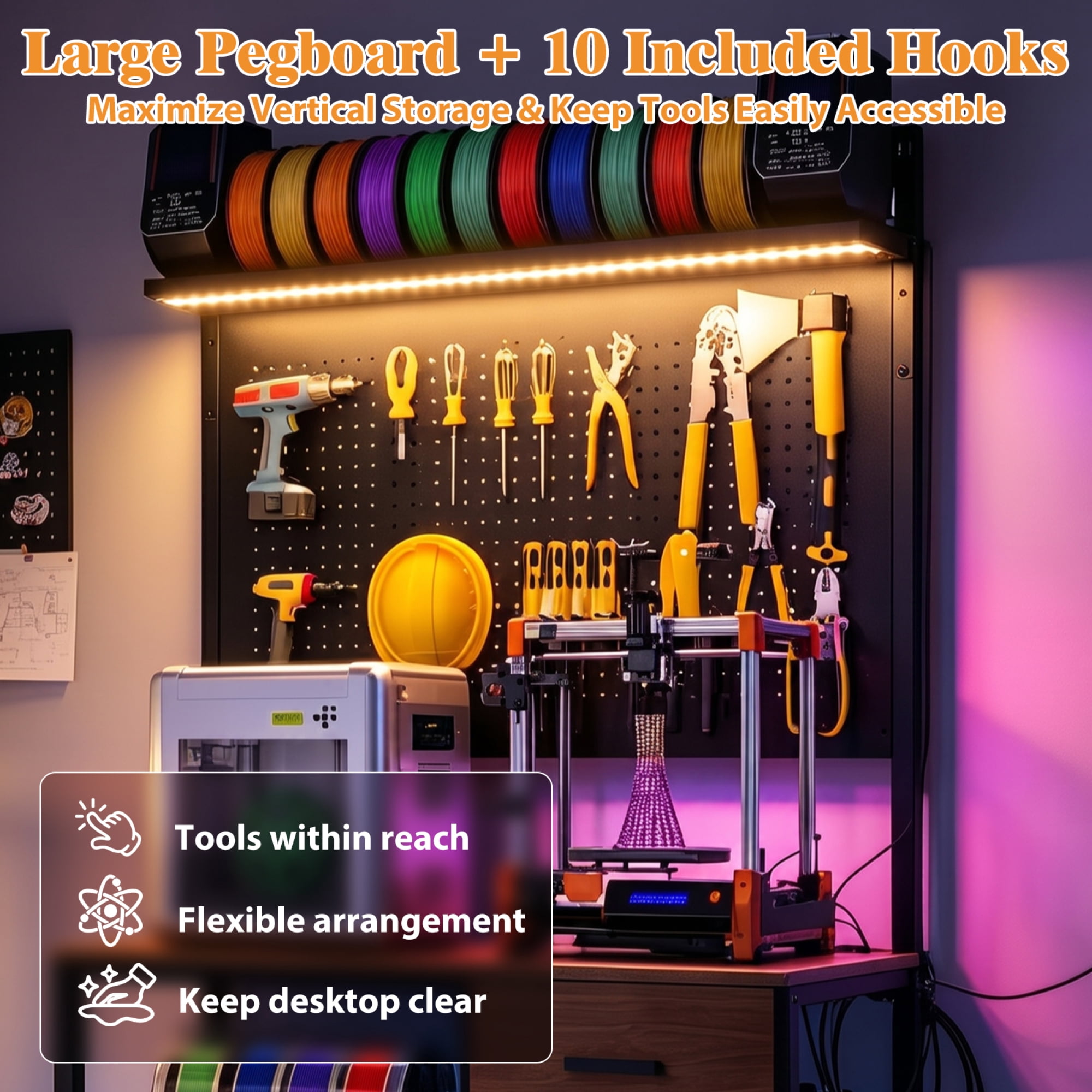 HOQBN 3D Printer Workbench with Drawer, Charging Station and LED Lights, Large Printer Shelf with Pegboard and Hooks for Home Studio Garage