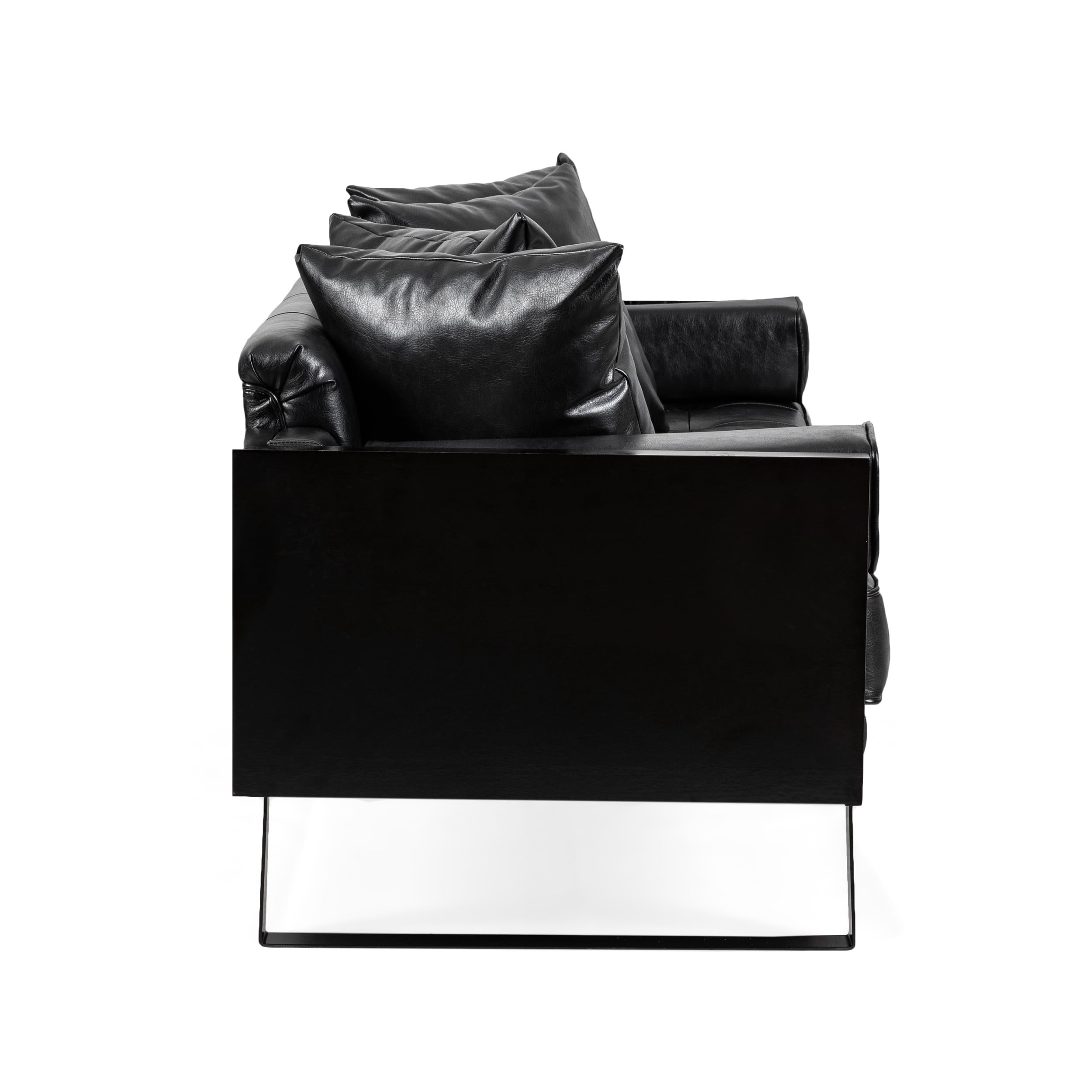 Noble House Gould Faux Leather Upholstered Oversized Loveseat with Accent Pillows, Midnight Black and Black