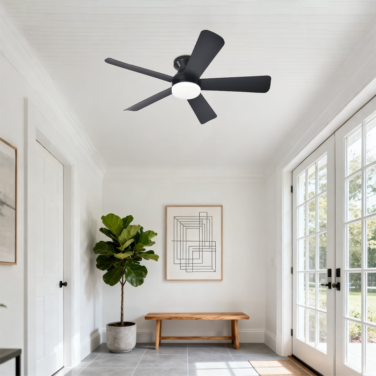 Ceiling Fans With Lights, 42 Inch Low Profile Ceiling Fan with Light and Remote Control, Modern Flush Mount Ceiling Fan With Timming, Dimmable 6 Wind Speed, for Bedroom Indoor/Outdoor Use, Black