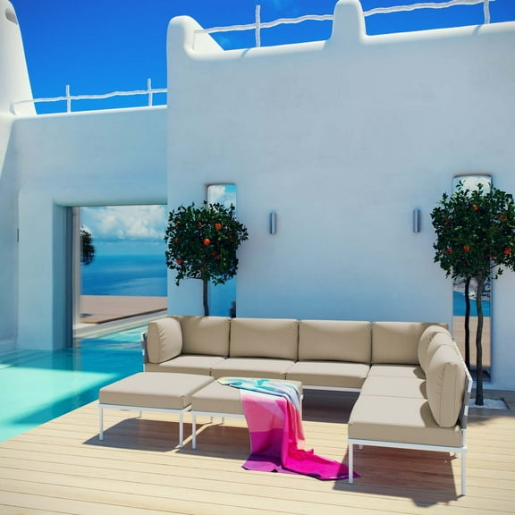 Modway Harmony 8 Piece Outdoor Patio Aluminum Sectional Sofa Set in White Beige