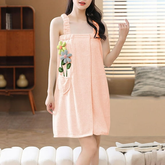Cute Flower Towel Dress for Women, Thickened Sleeveless Fleece Bathrobe Plus Size Wearable Absorbent Robes Loungewear New Bath Robes for Women Plus Size Pinky One Size