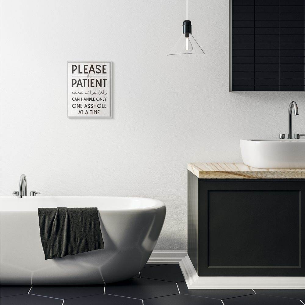 Stupell Industries Please Be Patient Funny Bathroom Wood Texture Word Design Framed Wall Art by Daphne Polselli