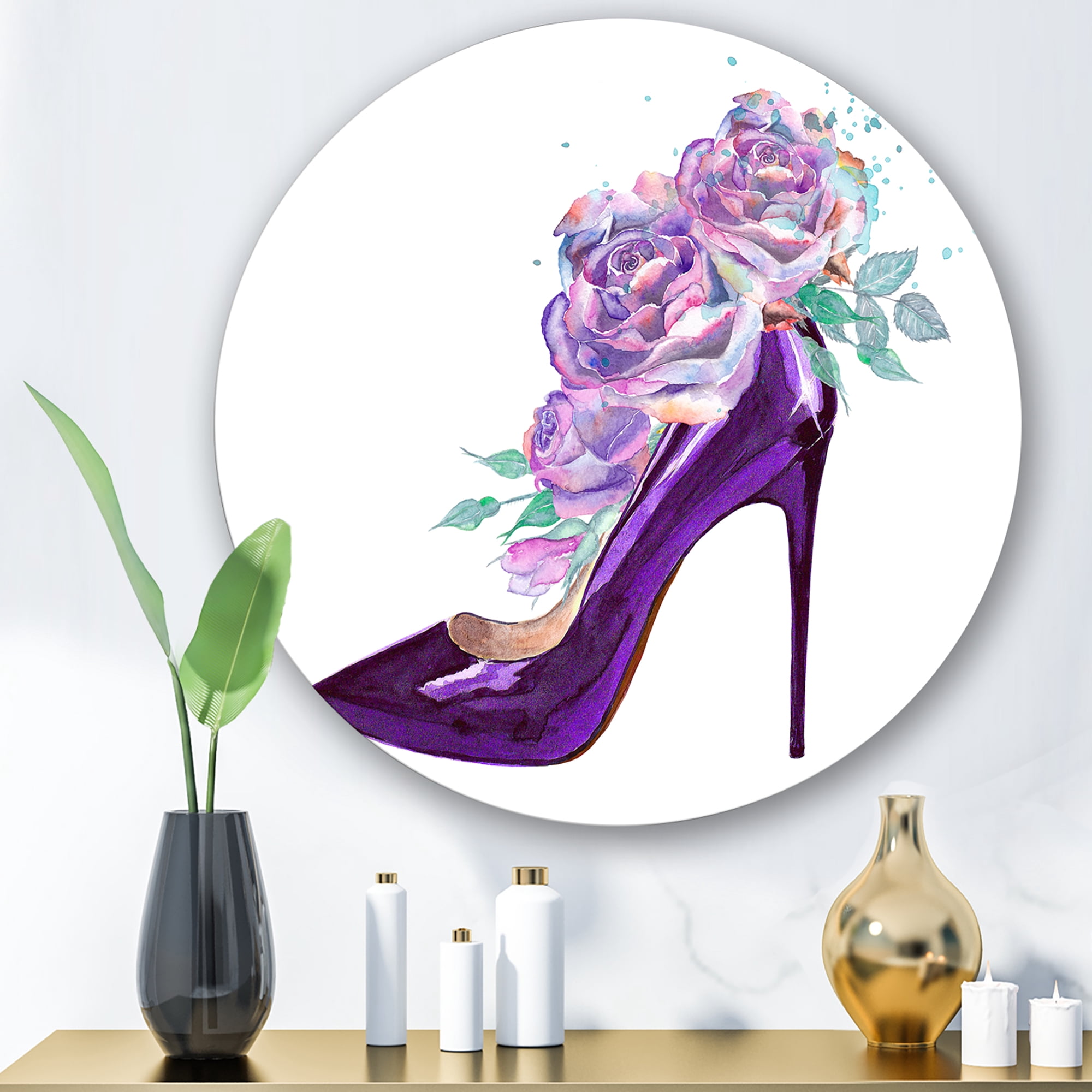 Designart 'Pink VIolet Roses With Dark Purple Stiletto Shoe' Traditional Circle Metal Wall Art 23x23 - Disc of 23