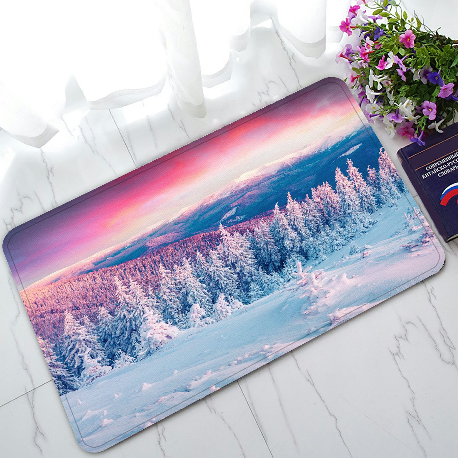 PHFZK Colorful Winter Scene Doormat, Carpathian Mountains and Snowy